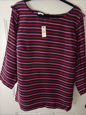 Talbots RSVP Women’s Black & Pink &Red Striped Boatneck Top- ruffle shoulder